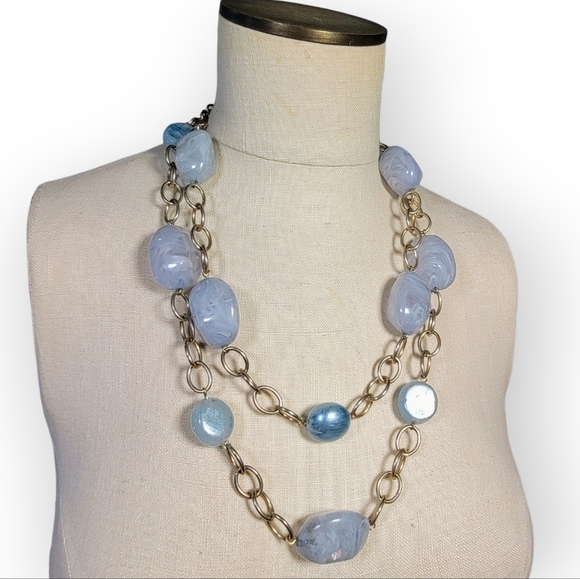 Light blue double strand statement necklace lightweight gold tone chain - Picture 2 of 9